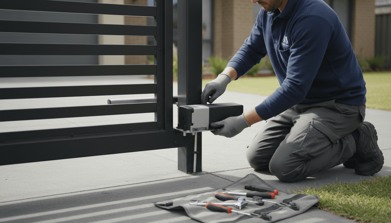 Technician installing a gate motor on a metal driveway gate