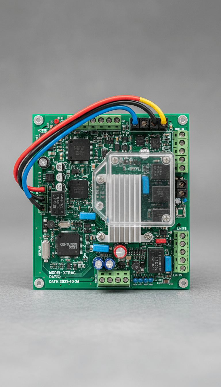 Close-up of a gate motor control board with detailed wiring