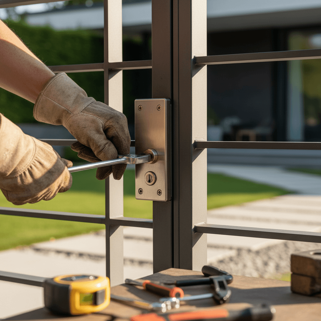 Technician installing a gate motor on a steel post in a Melbourne driveway