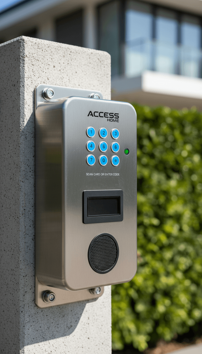 Mounted automated gate entry system control box with integrated keypad and intercom speaker on residential property